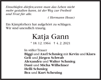 Traueranzeige von Katja Gann von Stuttgarter Zeitung / Stuttgarter Nachrichten