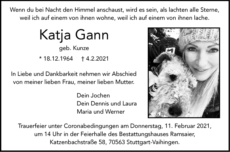 Traueranzeige für Katja Gann vom 08.02.2021 aus Stuttgarter Zeitung / Stuttgarter Nachrichten