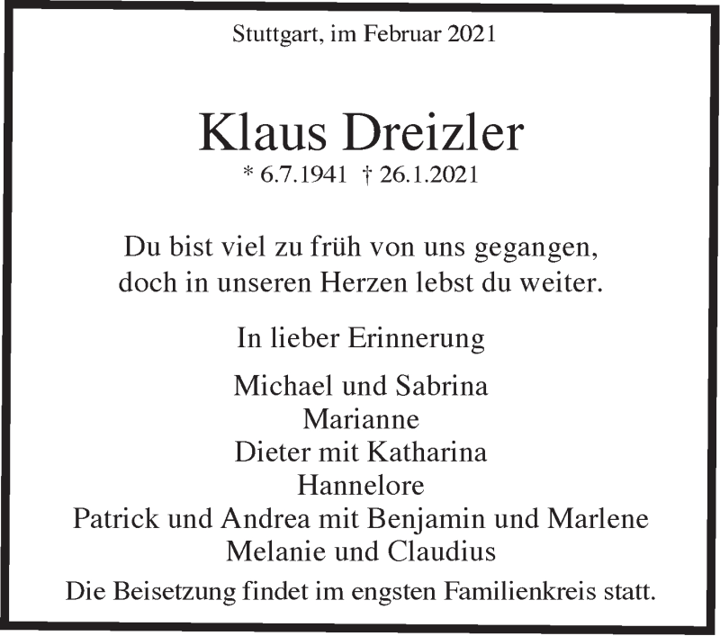  Traueranzeige für Klaus Dreizler vom 27.02.2021 aus Stuttgarter Zeitung / Stuttgarter Nachrichten
