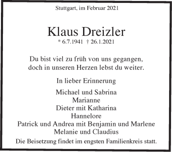 Traueranzeige von Klaus Dreizler von Stuttgarter Zeitung / Stuttgarter Nachrichten