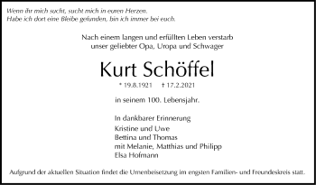 Traueranzeige von Kurt Schöffel von Stuttgarter Zeitung / Stuttgarter Nachrichten