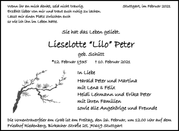 Traueranzeige von Lieselotte Peter von Stuttgarter Zeitung / Stuttgarter Nachrichten