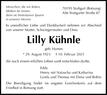 Traueranzeige von Lilly Kühnle von Stuttgarter Zeitung / Stuttgarter Nachrichten