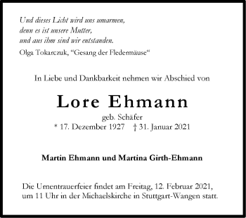 Traueranzeige von Lore Ehmann von Stuttgarter Zeitung / Stuttgarter Nachrichten