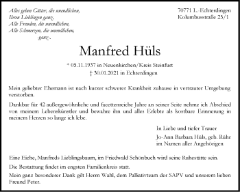 Traueranzeige von Manfred Hüls von Stuttgarter Zeitung / Stuttgarter Nachrichten