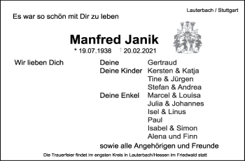 Traueranzeige von Manfred Janik von Stuttgarter Zeitung / Stuttgarter Nachrichten