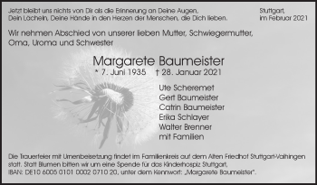 Traueranzeige von Margarete Baumeister von Stuttgarter Zeitung / Stuttgarter Nachrichten
