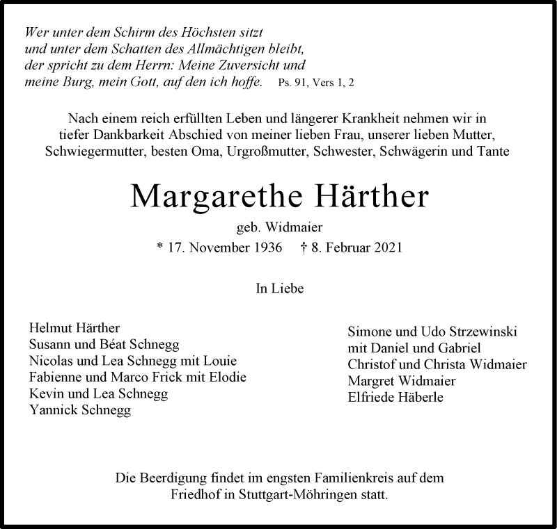  Traueranzeige für Margarethe Härther vom 12.02.2021 aus Stuttgarter Zeitung / Stuttgarter Nachrichten