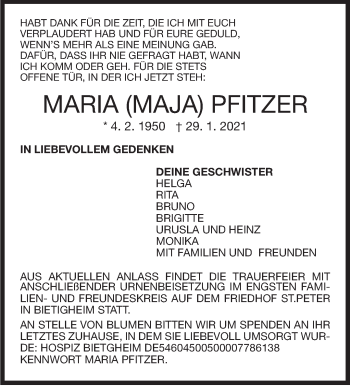 Traueranzeige von Maria Pfitzer von Stuttgarter Zeitung / Stuttgarter Nachrichten