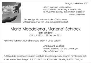 Traueranzeige von Maria Magdalena Schrack von Stuttgarter Zeitung / Stuttgarter Nachrichten