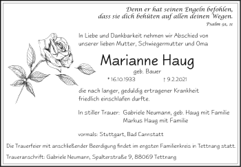 Traueranzeige von Marianne Haug von Stuttgarter Zeitung / Stuttgarter Nachrichten