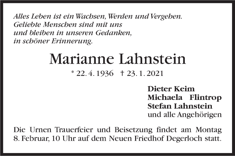  Traueranzeige für Marianne Lahnstein vom 06.02.2021 aus Stuttgarter Zeitung / Stuttgarter Nachrichten