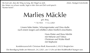 Traueranzeige von Marlies Mäckle von Stuttgarter Zeitung / Stuttgarter Nachrichten