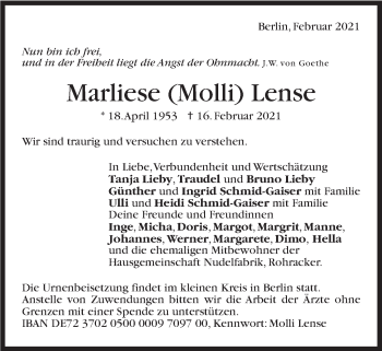 Traueranzeige von Marliese  Lense von Stuttgarter Zeitung / Stuttgarter Nachrichten