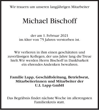 Traueranzeige von Michael Bischoff von Stuttgarter Zeitung / Stuttgarter Nachrichten