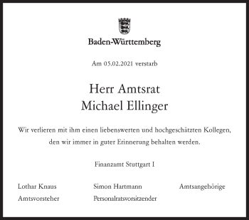 Traueranzeige von Michael Ellinger von Stuttgarter Zeitung / Stuttgarter Nachrichten
