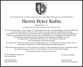 Traueranzeige von Peter Kuhn von Stuttgarter Zeitung / Stuttgarter Nachrichten