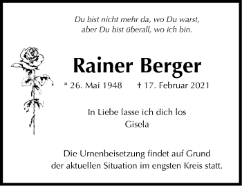 Traueranzeige von Rainer Berger von Stuttgarter Zeitung / Stuttgarter Nachrichten
