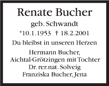 Traueranzeige von Renate Bucher von Stuttgarter Zeitung / Stuttgarter Nachrichten