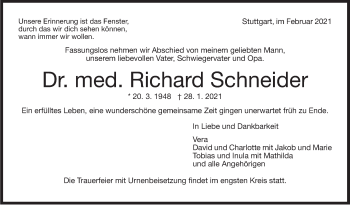 Traueranzeige von Richard Schneider von Stuttgarter Zeitung / Stuttgarter Nachrichten