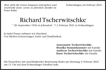 Traueranzeige von Richard Tscherwitschke von Stuttgarter Zeitung / Stuttgarter Nachrichten