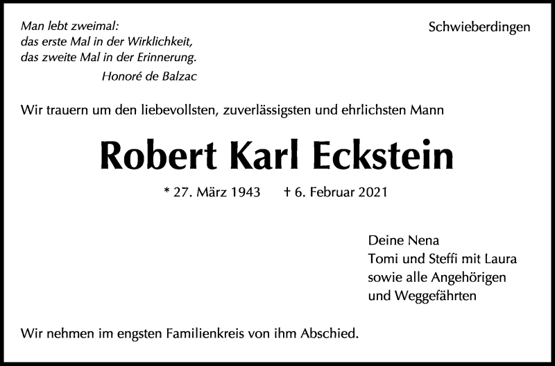  Traueranzeige für Robert Karl Eckstein vom 13.02.2021 aus Stuttgarter Zeitung / Stuttgarter Nachrichten