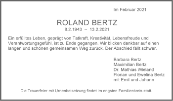 Traueranzeige von Roland Bertz von Stuttgarter Zeitung / Stuttgarter Nachrichten