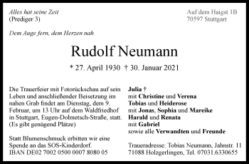 Traueranzeige von Rudolf Neumann von Stuttgarter Zeitung / Stuttgarter Nachrichten