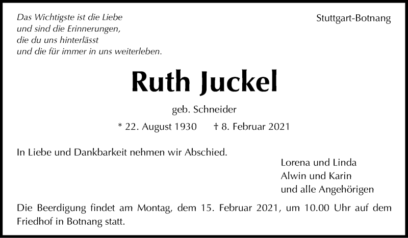  Traueranzeige für Ruth Juckel vom 11.02.2021 aus Stuttgarter Zeitung / Stuttgarter Nachrichten