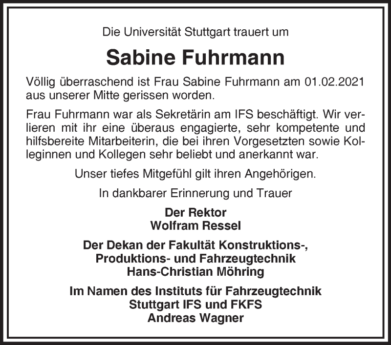  Traueranzeige für Sabine Fuhrmann vom 19.02.2021 aus Stuttgarter Zeitung / Stuttgarter Nachrichten