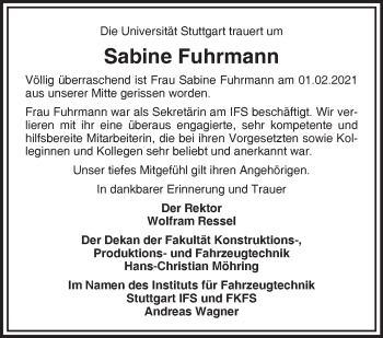 Traueranzeige von Sabine Fuhrmann von Stuttgarter Zeitung / Stuttgarter Nachrichten