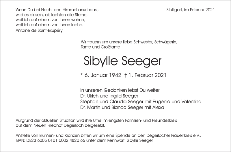  Traueranzeige für Sibylle Seeger vom 10.02.2021 aus Stuttgarter Zeitung / Stuttgarter Nachrichten