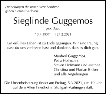 Traueranzeige von Sieglinde Guggemos von Stuttgarter Zeitung / Stuttgarter Nachrichten