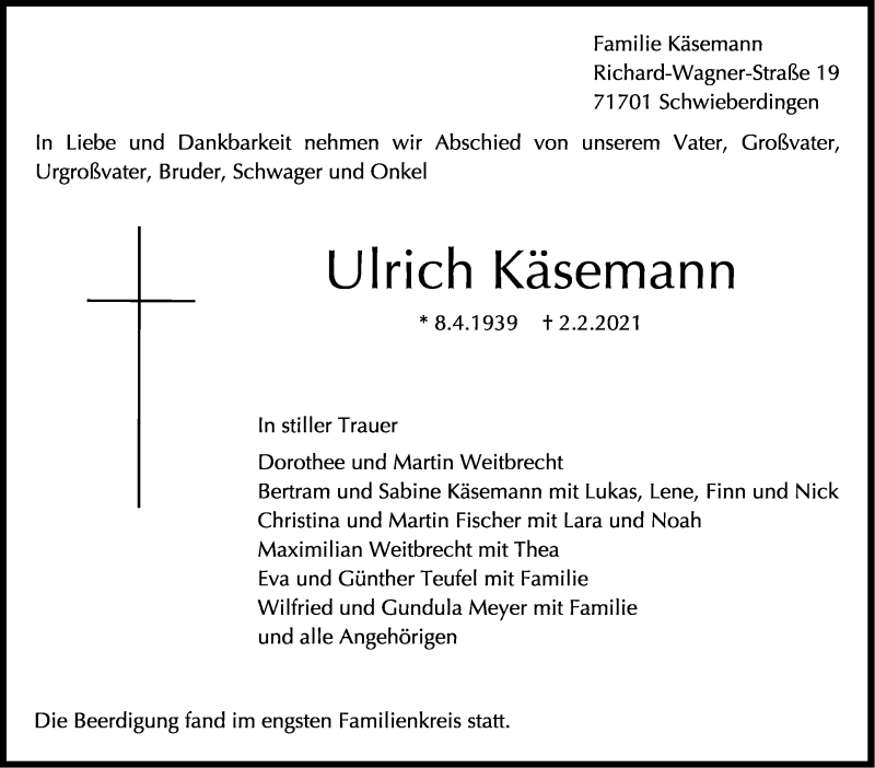  Traueranzeige für Ulrich Käsemann vom 11.02.2021 aus Stuttgarter Zeitung / Stuttgarter Nachrichten