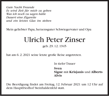 Traueranzeige von Ulrich Peter Zinser von Stuttgarter Zeitung / Stuttgarter Nachrichten