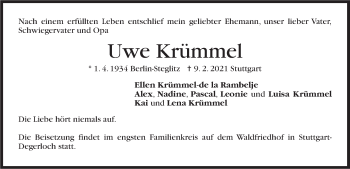 Traueranzeige von Uwe Krümmel von Stuttgarter Zeitung / Stuttgarter Nachrichten