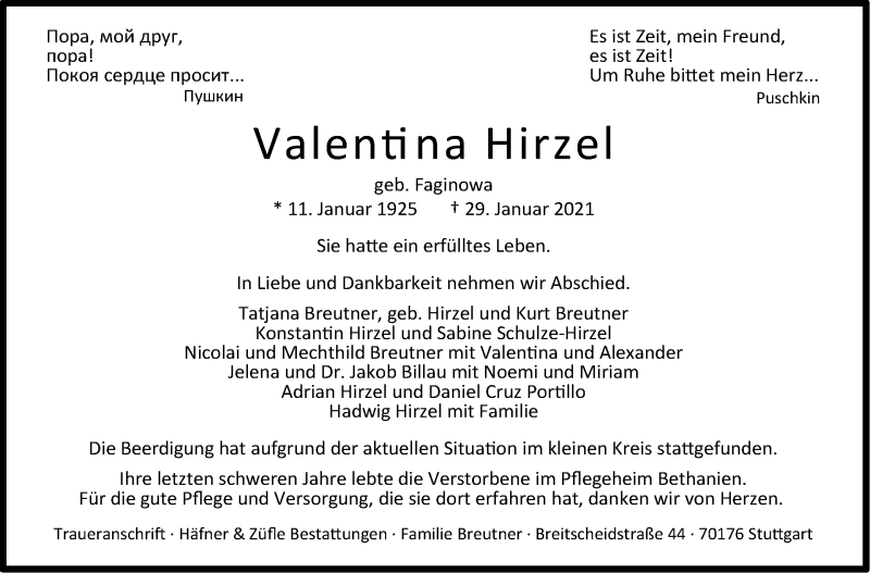  Traueranzeige für Valentina Hirzel vom 06.02.2021 aus Stuttgarter Zeitung / Stuttgarter Nachrichten