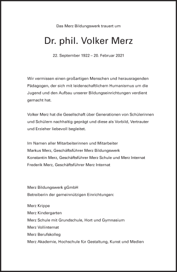 Traueranzeige von Volker Merz von Stuttgarter Zeitung / Stuttgarter Nachrichten