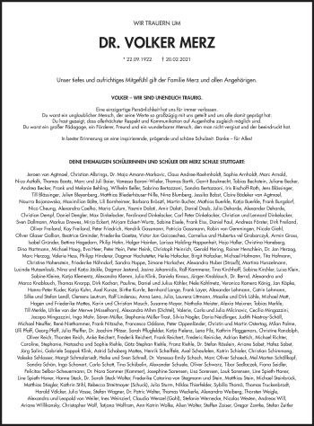 Traueranzeige von Volker Merz von Stuttgarter Zeitung / Stuttgarter Nachrichten