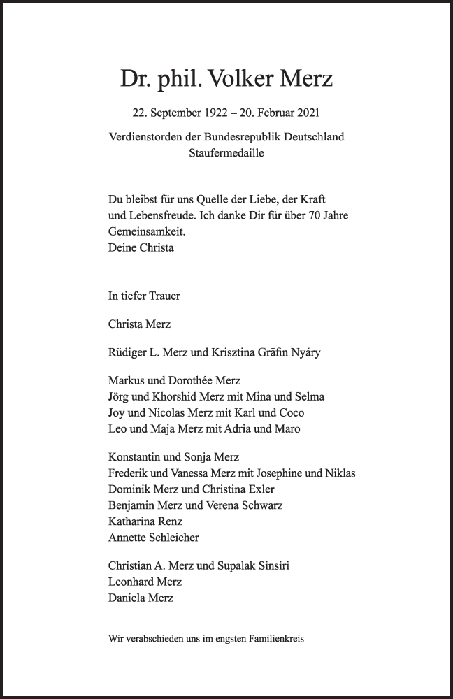  Traueranzeige für Volker Merz vom 27.02.2021 aus Stuttgarter Zeitung / Stuttgarter Nachrichten
