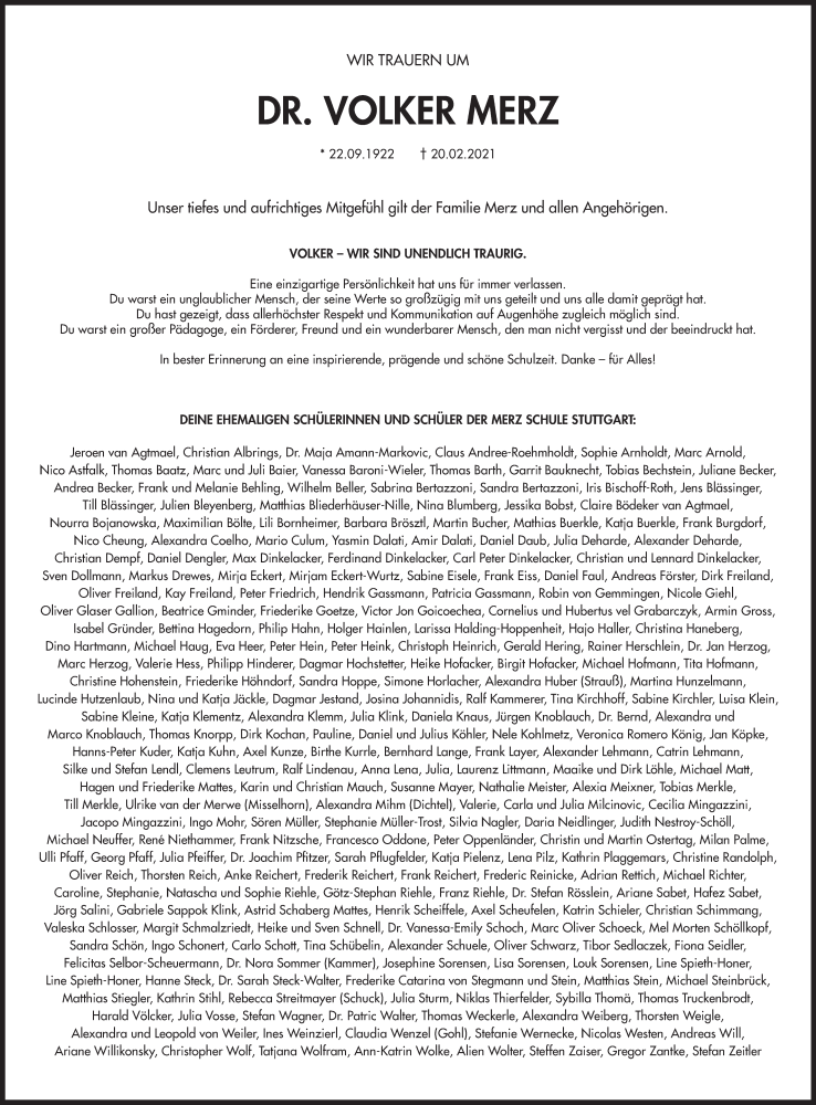  Traueranzeige für Volker Merz vom 27.02.2021 aus Stuttgarter Zeitung / Stuttgarter Nachrichten