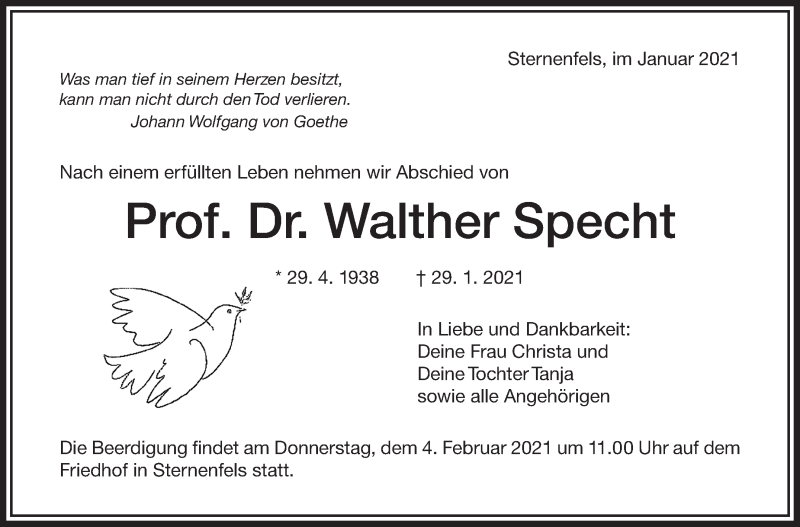  Traueranzeige für Walther Specht vom 02.02.2021 aus Stuttgarter Zeitung / Stuttgarter Nachrichten