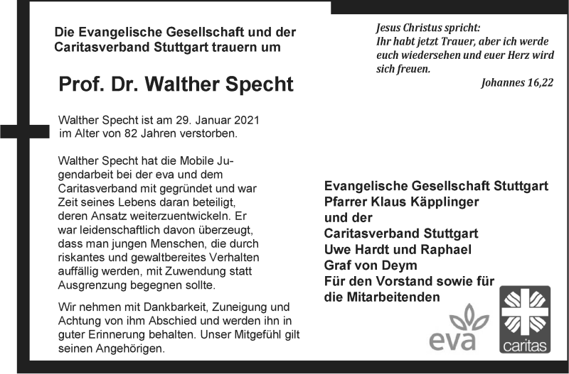  Traueranzeige für Walther Specht vom 06.02.2021 aus Stuttgarter Zeitung / Stuttgarter Nachrichten