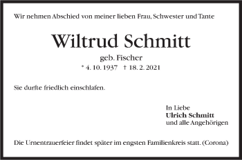 Traueranzeige von Wiltrud Schmitt von Stuttgarter Zeitung / Stuttgarter Nachrichten