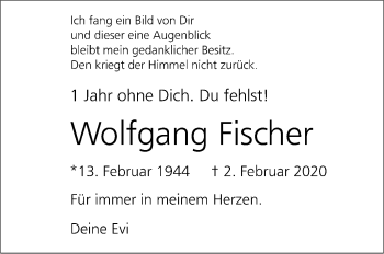 Traueranzeige von Wolfgang Fischer von Stuttgarter Zeitung / Stuttgarter Nachrichten