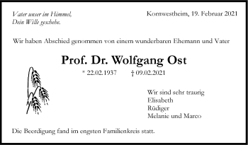 Traueranzeige von Wolfgang Ost von Stuttgarter Zeitung / Stuttgarter Nachrichten