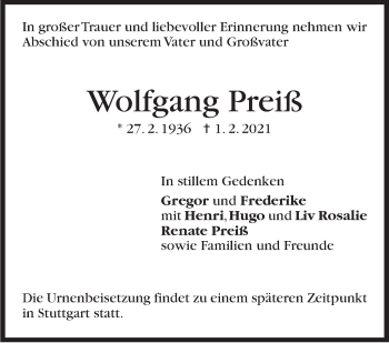 Traueranzeige von Wolfgang Preiß von Stuttgarter Zeitung / Stuttgarter Nachrichten