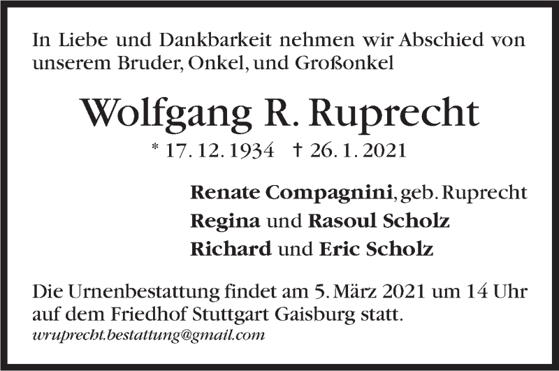  Traueranzeige für Wolfgang Ruprecht vom 27.02.2021 aus Stuttgarter Zeitung / Stuttgarter Nachrichten