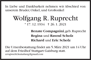 Traueranzeige von Wolfgang Ruprecht von Stuttgarter Zeitung / Stuttgarter Nachrichten