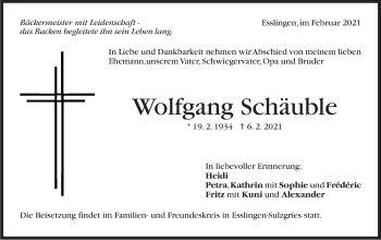 Traueranzeige von Wolfgang Schäuble von Stuttgarter Zeitung / Stuttgarter Nachrichten